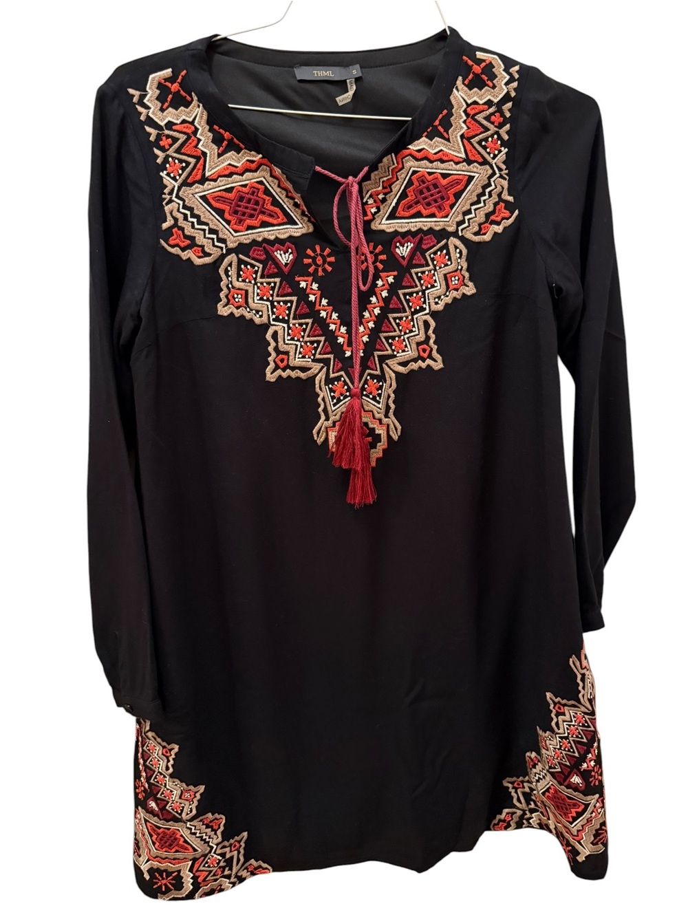 THML Black embroidered Tunic with Red and Beige Embroidered Accents